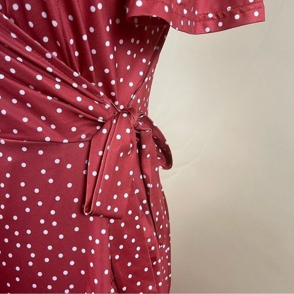 Retro Women's Small Polka Dot Ruffle Tie Wrap Flowy 50's V Neck Swing Dress - Picture 5 of 12